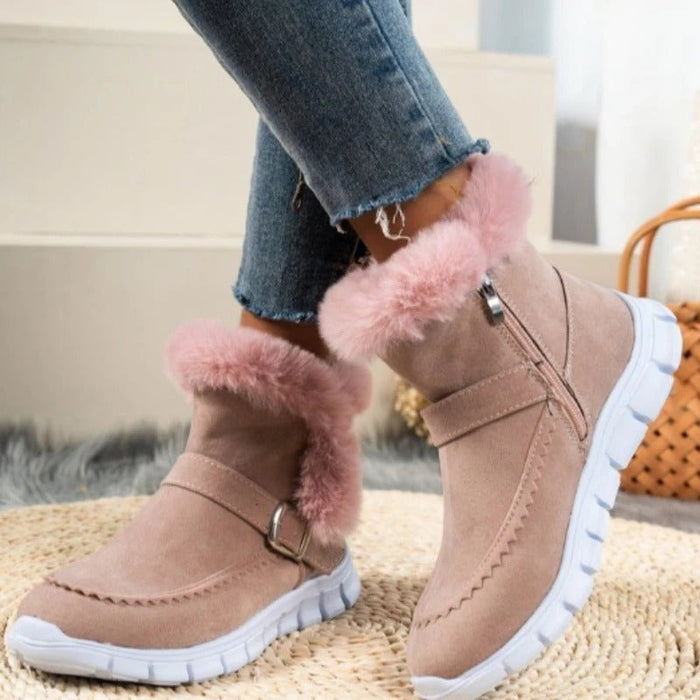 Women's Faux Fur Trim Ankle Boots with Quick-Release Buckle