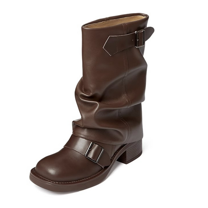 Women's Mid-Calf Boots with Buckle Straps and Pleated Shaft