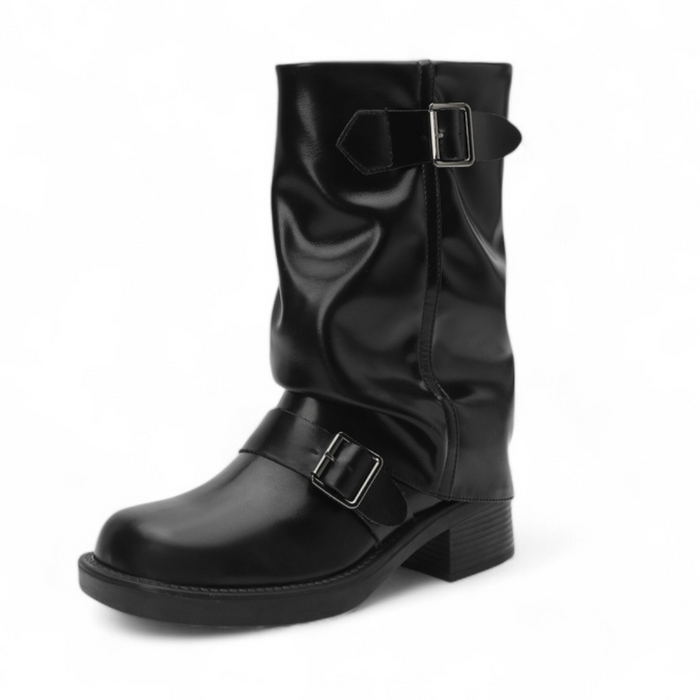 Women's Mid-Calf Boots with Buckle Straps and Pleated Shaft