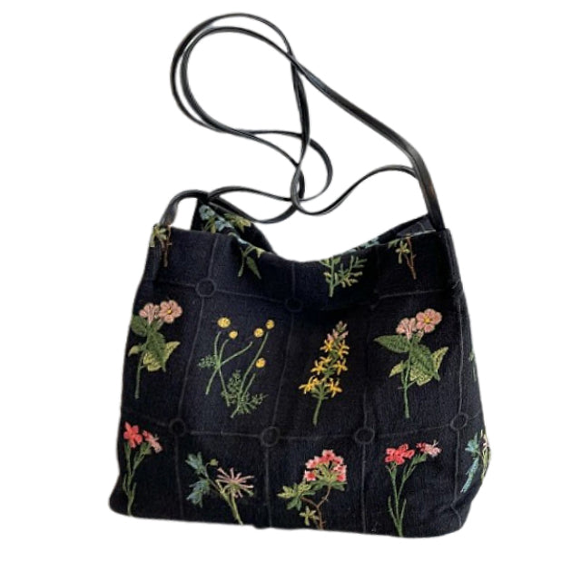 Women's Floral Embroidery Crossbody Bag Black Tote