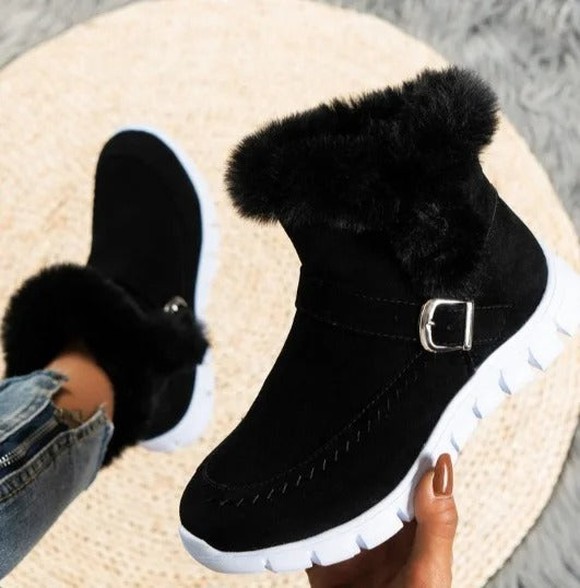 Women's Faux Fur Trim Ankle Boots with Quick-Release Buckle