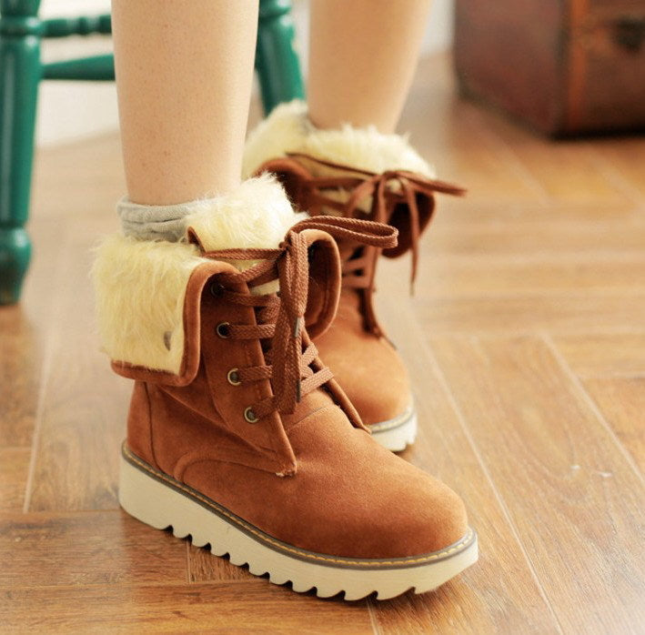Frosted Fur Lace-Up Snow Boots, Short Flat Winter Boots