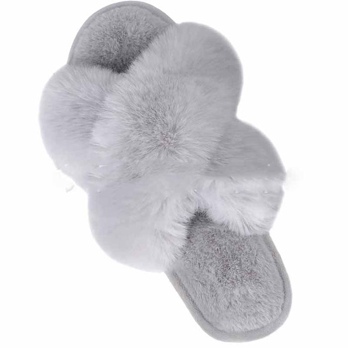 Imogen | Fluffy criss-cross faux fur slippers with open toe