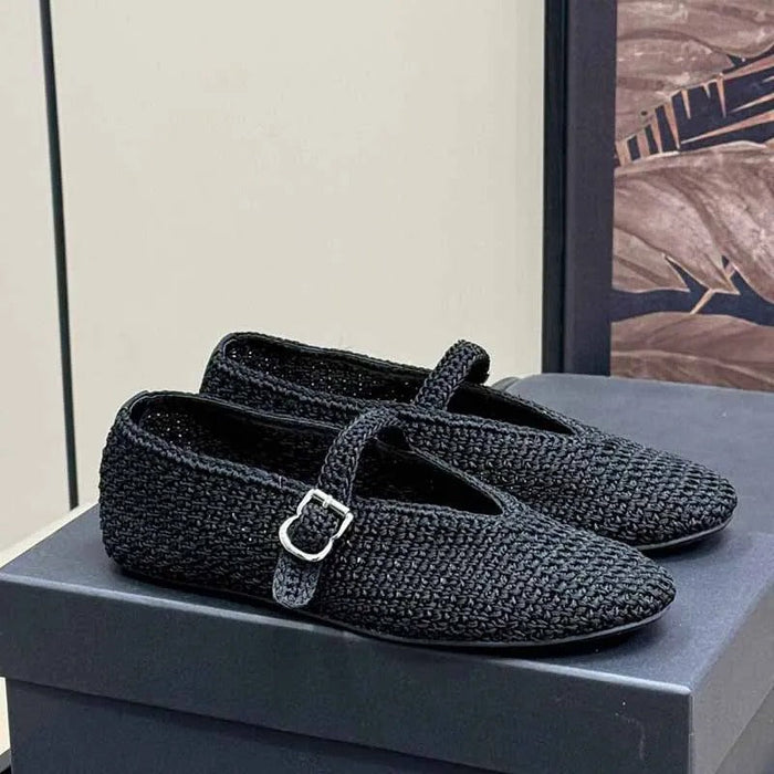 Women's Mary Jane Shoes with Buckle Strap and Woven Texture