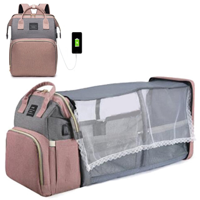 Convertible Nappy Bag Backpack with Foldable Travel Cot