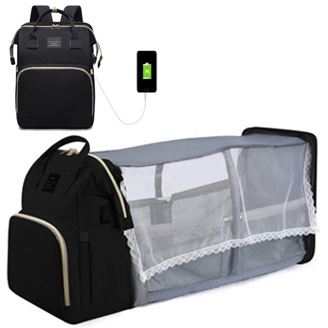 Convertible Nappy Bag Backpack with Foldable Travel Cot