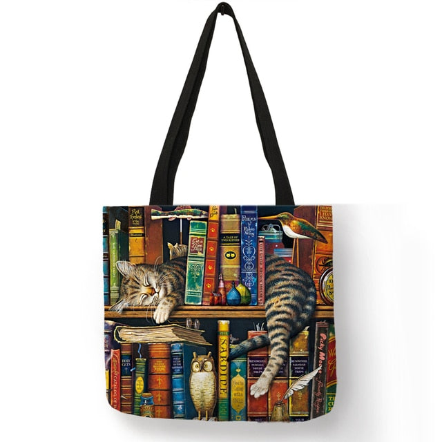 Cat Print Tote Bag Soft Open-Top for Daily Shopping