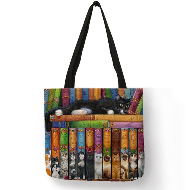 Cat Print Tote Bag Soft Open-Top for Daily Shopping
