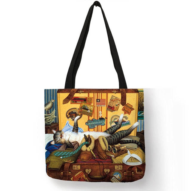 Cat Print Tote Bag Soft Open-Top for Daily Shopping