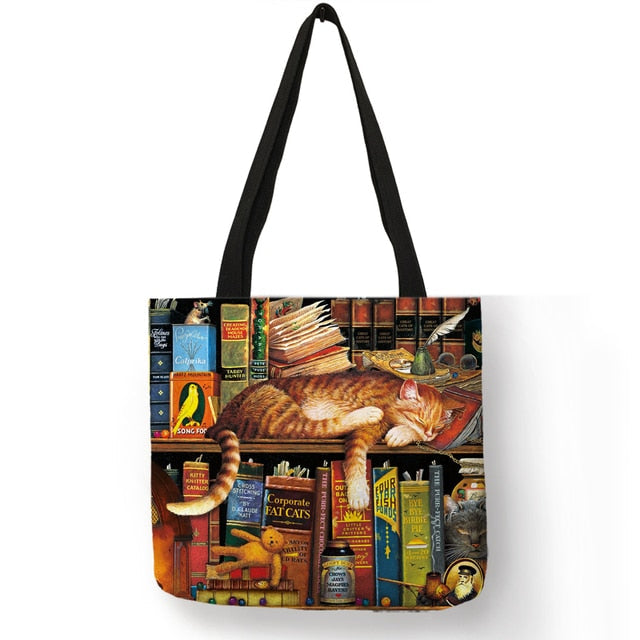 Cat Print Tote Bag Soft Open-Top for Daily Shopping