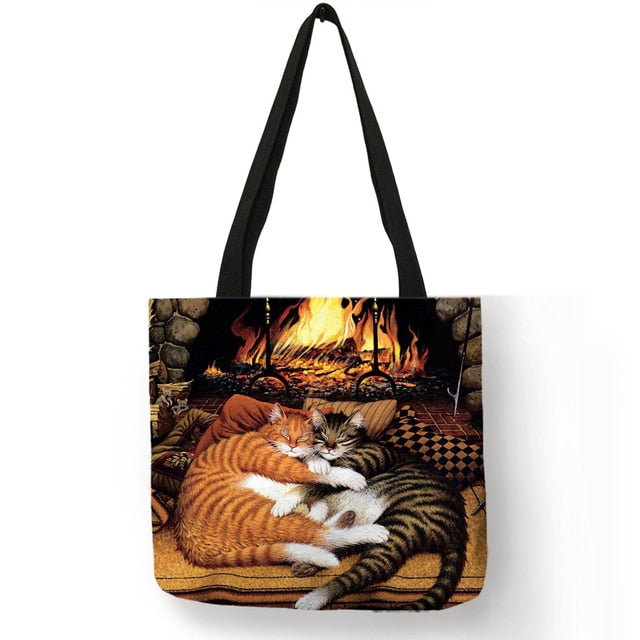 Cat Print Tote Bag Soft Open-Top for Daily Shopping
