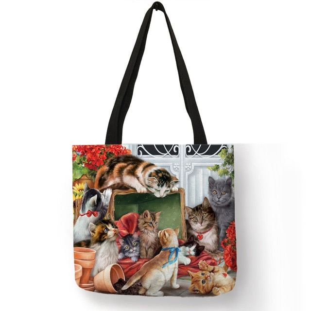 Cat Print Tote Bag Soft Open-Top for Daily Shopping