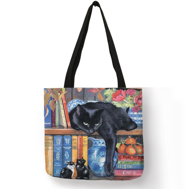Cat Print Tote Bag Soft Open-Top for Daily Shopping
