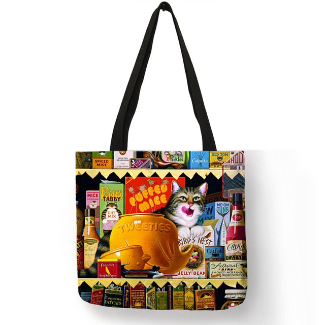 Cat Print Tote Bag Soft Open-Top for Daily Shopping