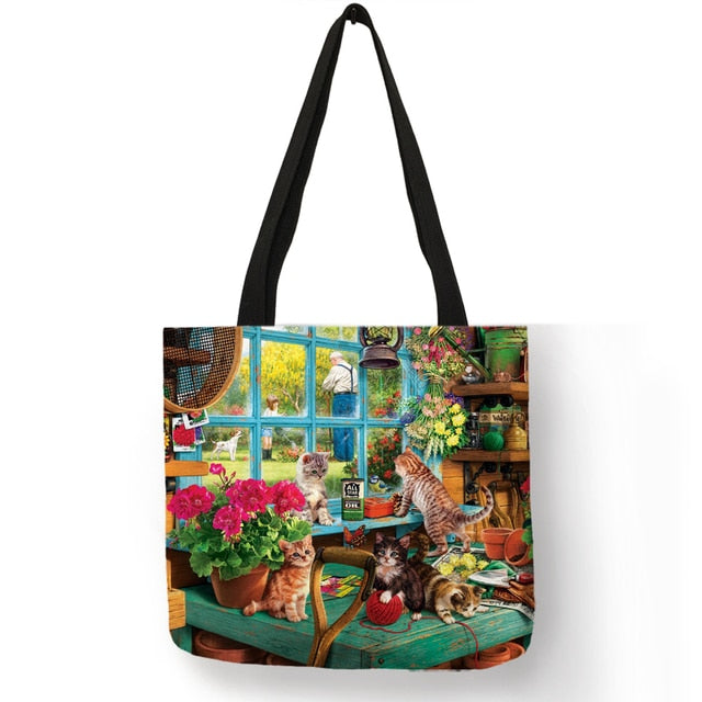 Cat Print Tote Bag Soft Open-Top for Daily Shopping