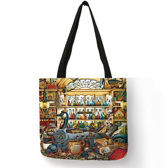 Cat Print Tote Bag Soft Open-Top for Daily Shopping