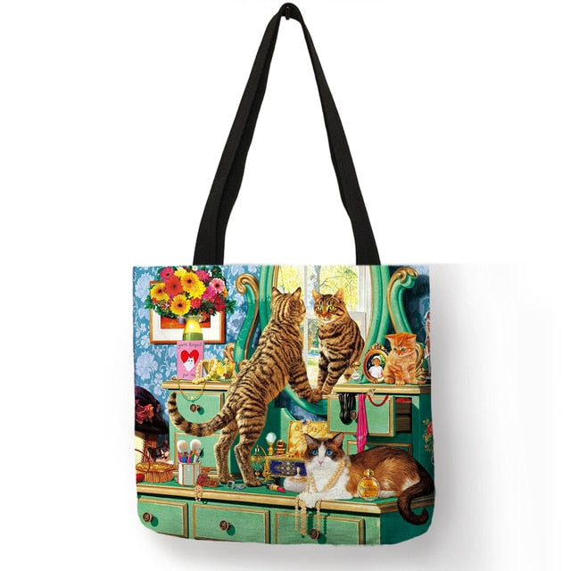 Cat Print Tote Bag Soft Open-Top for Daily Shopping