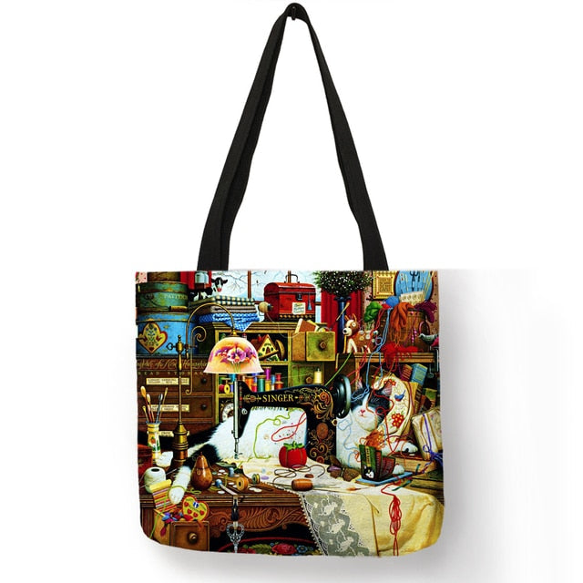 Cat Print Tote Bag Soft Open-Top for Daily Shopping