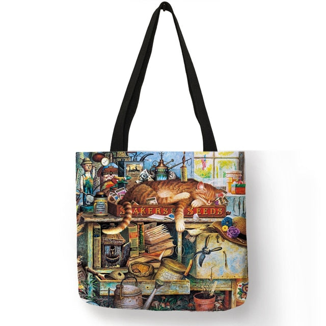 Cat Print Tote Bag Soft Open-Top for Daily Shopping