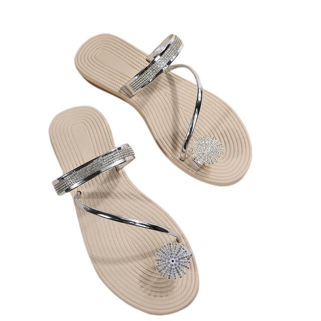 Women's Rhinestone Flat Sandals with Toe Loop