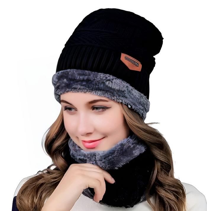 Knitted Hat and Scarf Set with Fleece Lining for Winter
