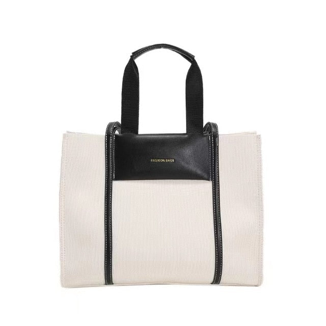 Women's Canvas Tote Bag with Top Zip Patchwork Detail