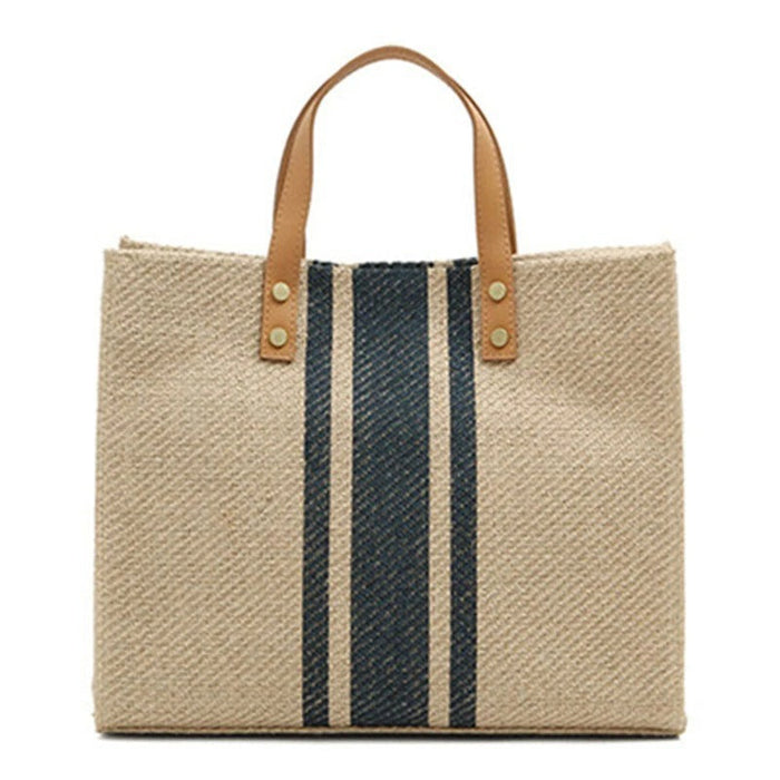 Women's Striped Canvas Tote Bag with Leather Handles