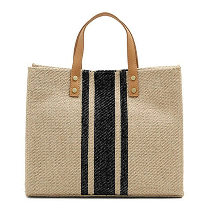 Women's Striped Canvas Tote Bag with Leather Handles