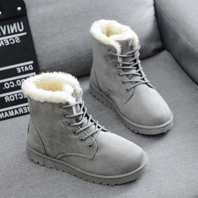 Women's Grey Lace-Up Ankle Boots with Warm Fleece Lining