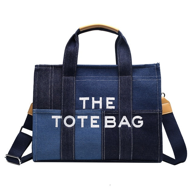 Women's Patchwork Denim Tote Bag with Crossbody Strap
