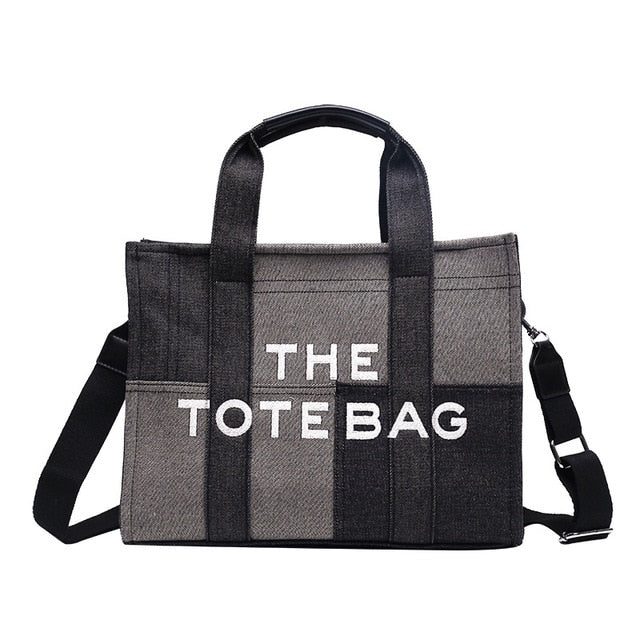 Women's Patchwork Denim Tote Bag with Crossbody Strap