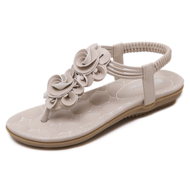 Women's Floral T-Strap Sandals with Elastic Strap