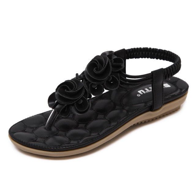 Women's Floral T-Strap Sandals with Elastic Strap