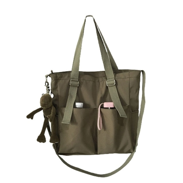 Women's Waterproof Nylon Tote Bag with Exterior Pockets