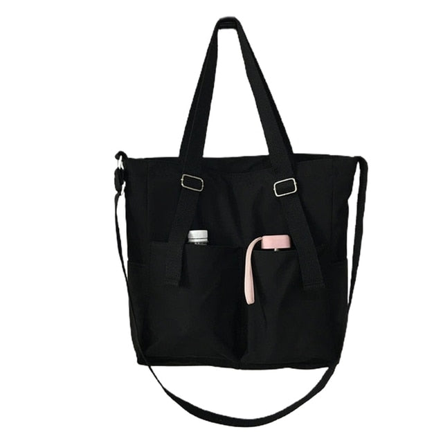 Women's Waterproof Nylon Tote Bag with Exterior Pockets