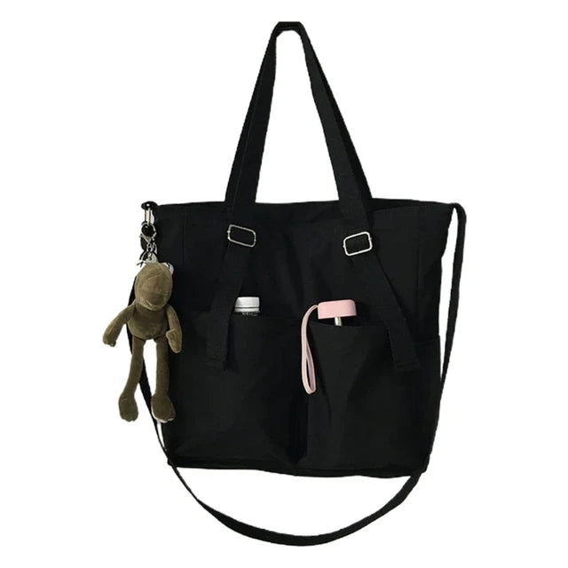 Women's Waterproof Nylon Tote Bag with Exterior Pockets