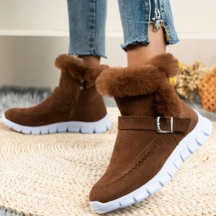 Women's Faux Fur Trim Ankle Boots with Quick-Release Buckle