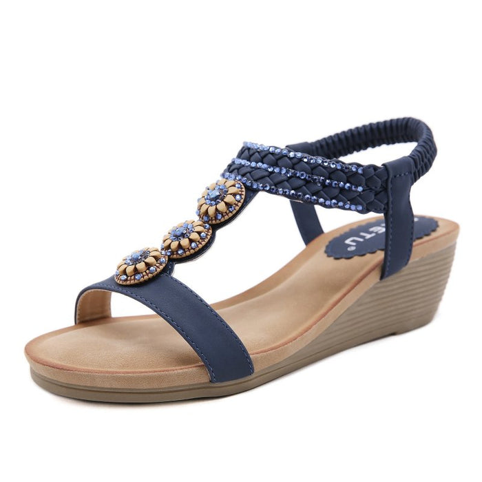 Women's Wedge Sandals Rhinestone T-Strap Ankle Strap
