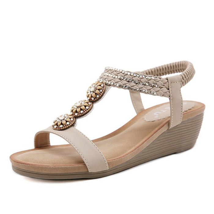 Women's Wedge Sandals Rhinestone T-Strap Ankle Strap