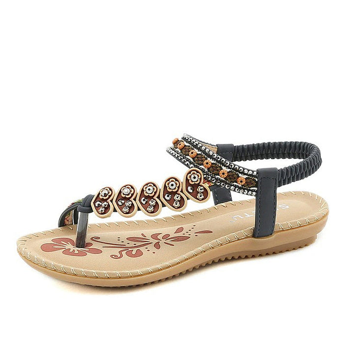 Women's Beaded T-Bar Sandals with Elastic Strap