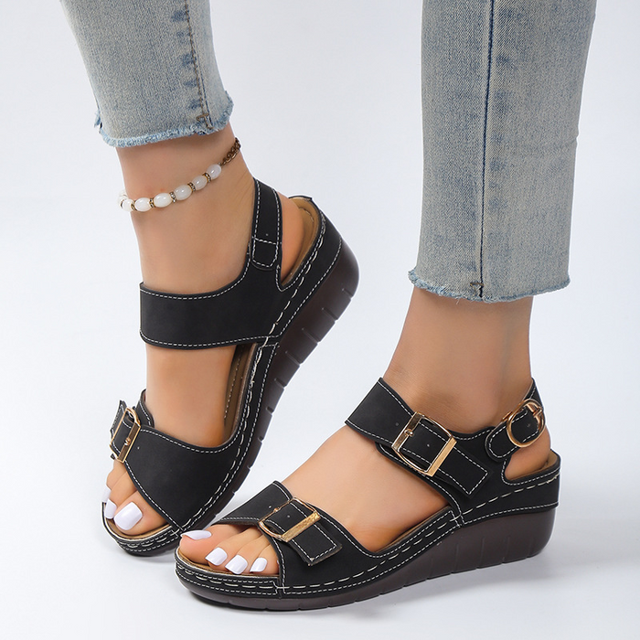 Women's Buckle Strap Wedge Sandals with Arch Support