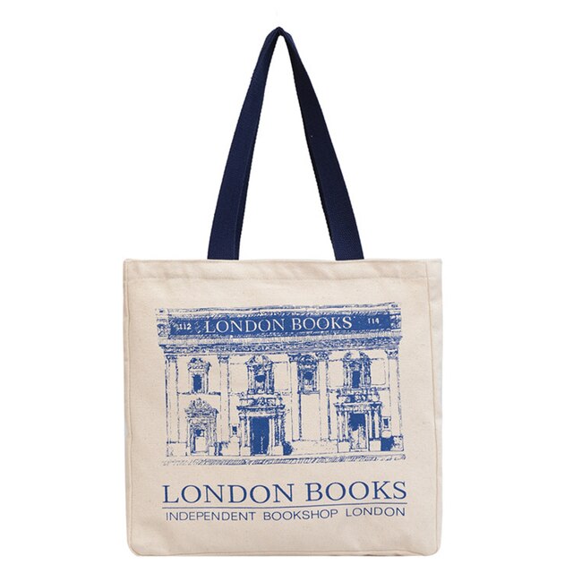 Canvas Tote Bag with London Books Print and Zip Closure
