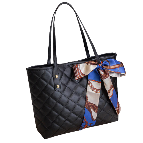 Women's Quilted Tote Bag with Scarf and Top Zip Closure