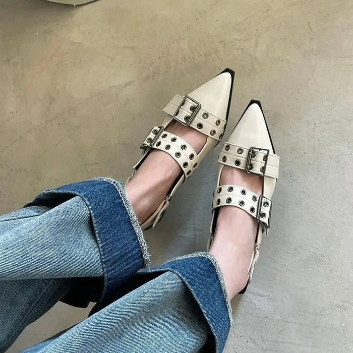 Women's Studded Pointed-Toe Flats with Buckle Straps
